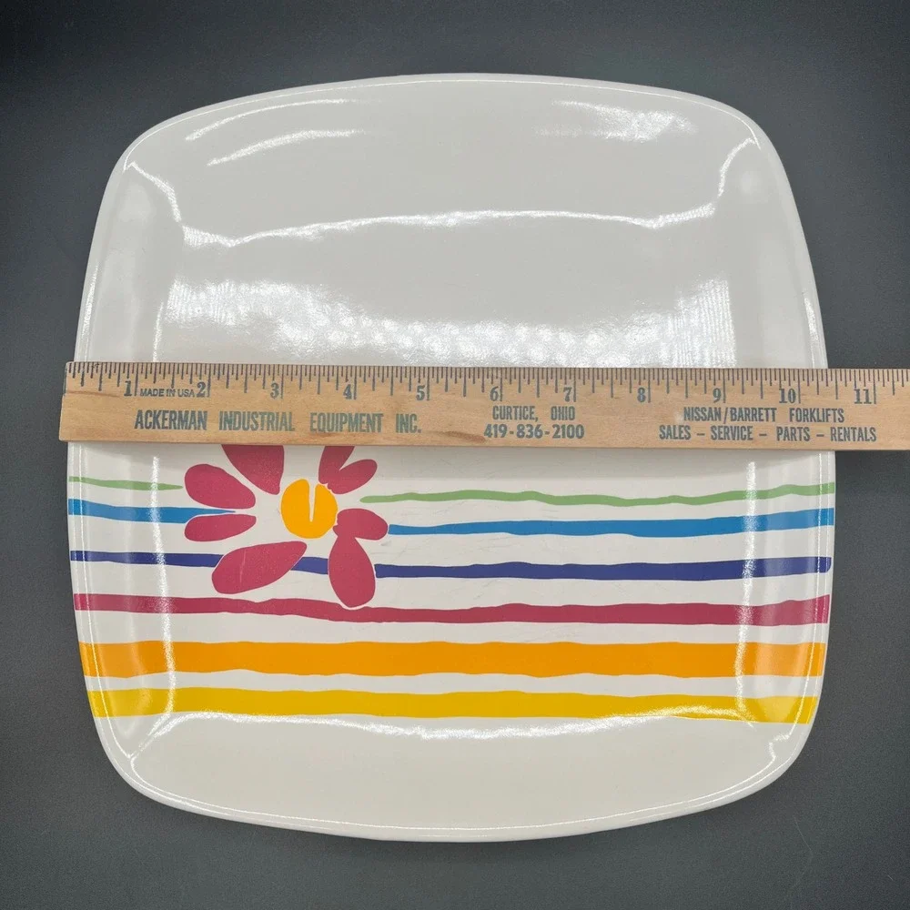 Pfaltzgraff Flourish Square Dinner Plate Flower Stripes 10.5